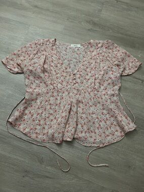 Active USA Pink Floral Tie-Back Peplum Blouse